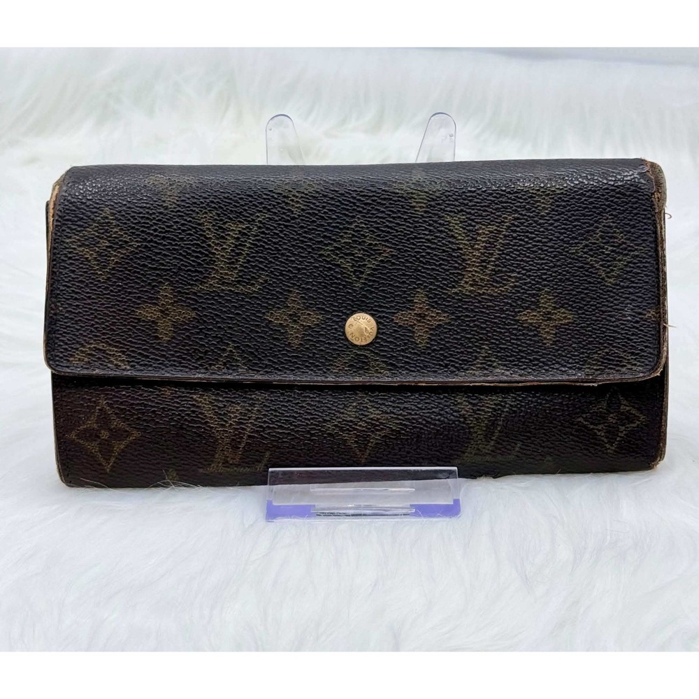 Louis Vuitton Monogram Canvas Vintage Tri-Fold Long Wallet Brown Gold Hardware